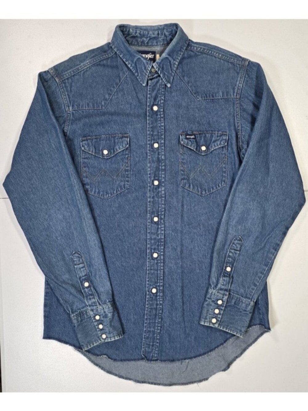 Wrangler Vtg Denim Long Sleeve Pearl Snap X-Long Tails USA Made Shirt Men's 16